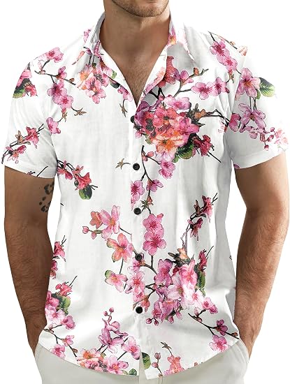 JOGAL Men's Flower Casual Button Down Short Sleeve Hawaiian Shirt